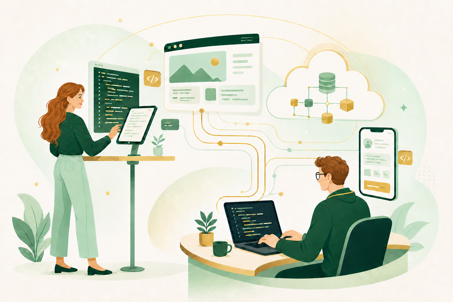 Two software engineers collaborating on code connected to web, mobile and cloud architecture