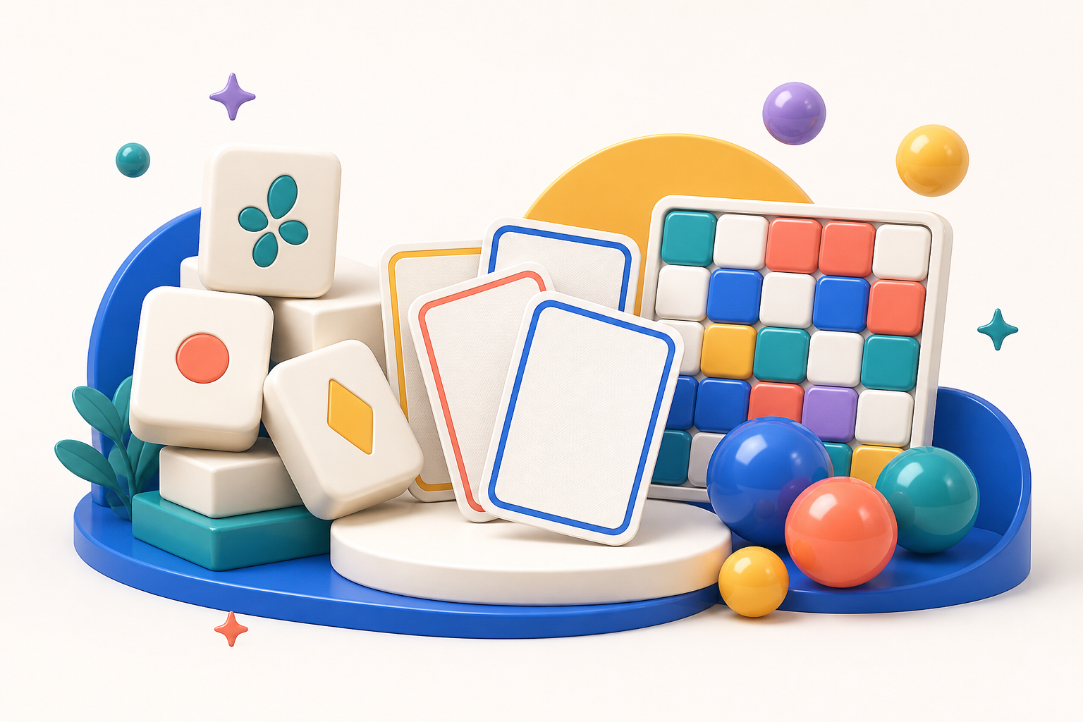 Original colourful illustration of abstract tiles, cards, puzzle pieces and bubbles