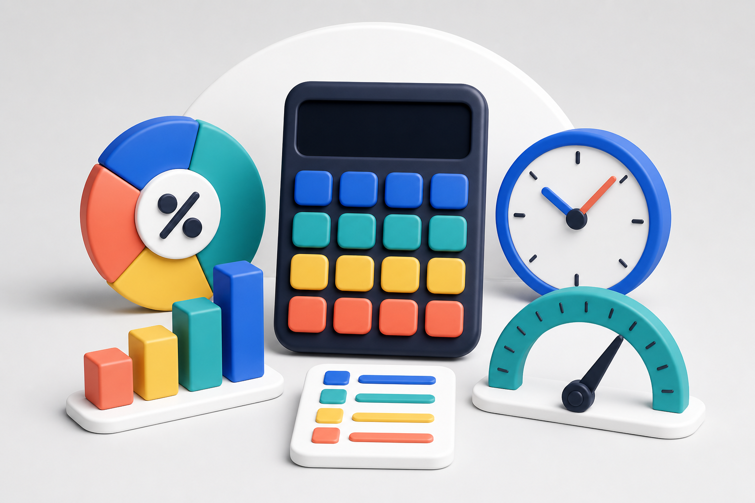 Original brand-neutral illustration of a calculator, chart, clock and measurement gauge