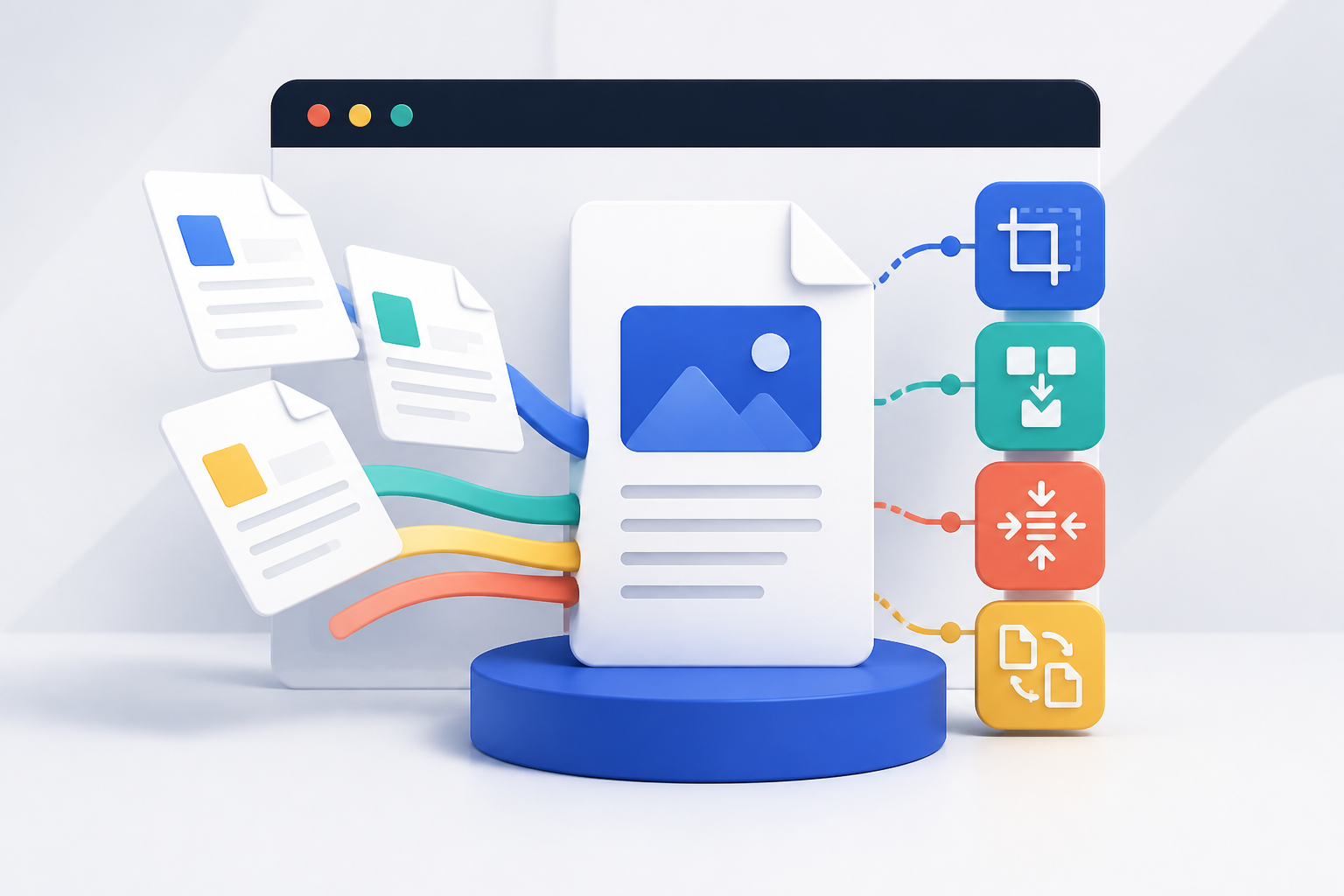 Original brand-neutral illustration of documents being merged and transformed