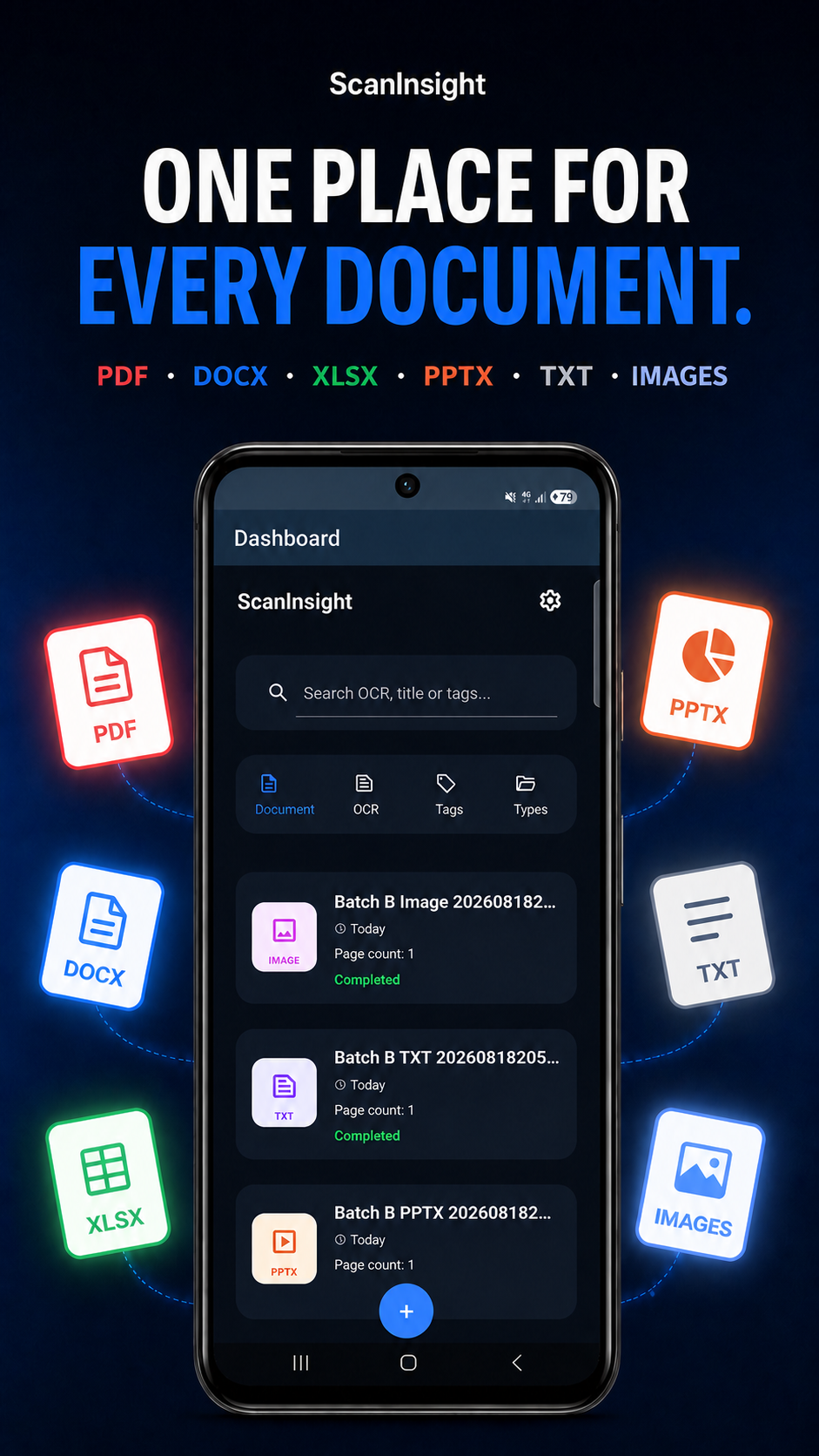 ScanInsight dashboard with document types and add control