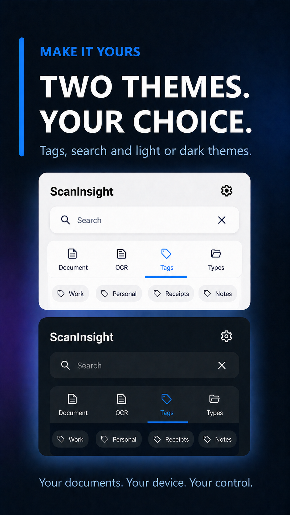ScanInsight shown in light and dark themes